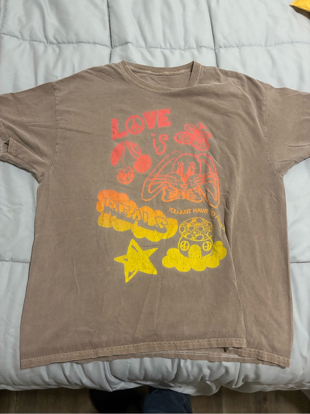 John Varvatos Brown Tee with Neon Pink & Yellow Retro Graphic